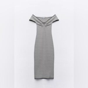 ZARA Bodycon Midi Dress Women's Medium Black White Striped Knit Off Shoulder